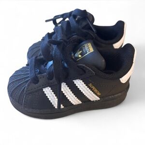 adidas Kids Black White Shell-Toe Sneakers with Gold Logo